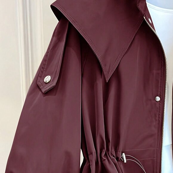 Burgundy Casual Women's Drawstring Pocket Front Button Trench Coat - Picture 4 of 5